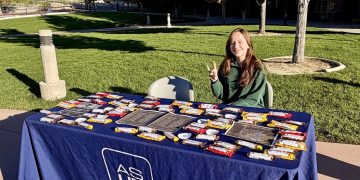 A student sat behind a table with a cloth that reads, "ASUN." She is holding up a wolfpack sign and has candy bars laid out in front of her on the table. She is outside.