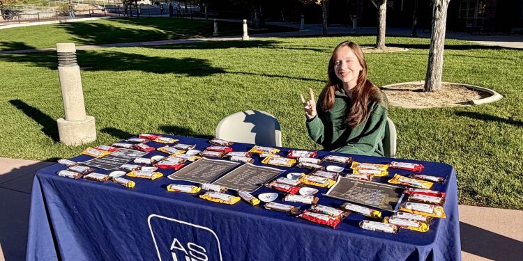 A student sat behind a table with a cloth that reads, "ASUN." She is holding up a wolfpack sign and has candy bars laid out in front of her on the table. She is outside.