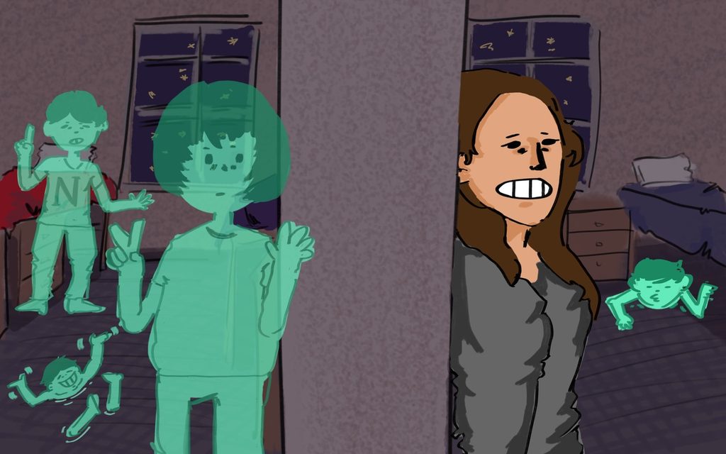 Ella Mayo scared in her dorm full of ghosts. 