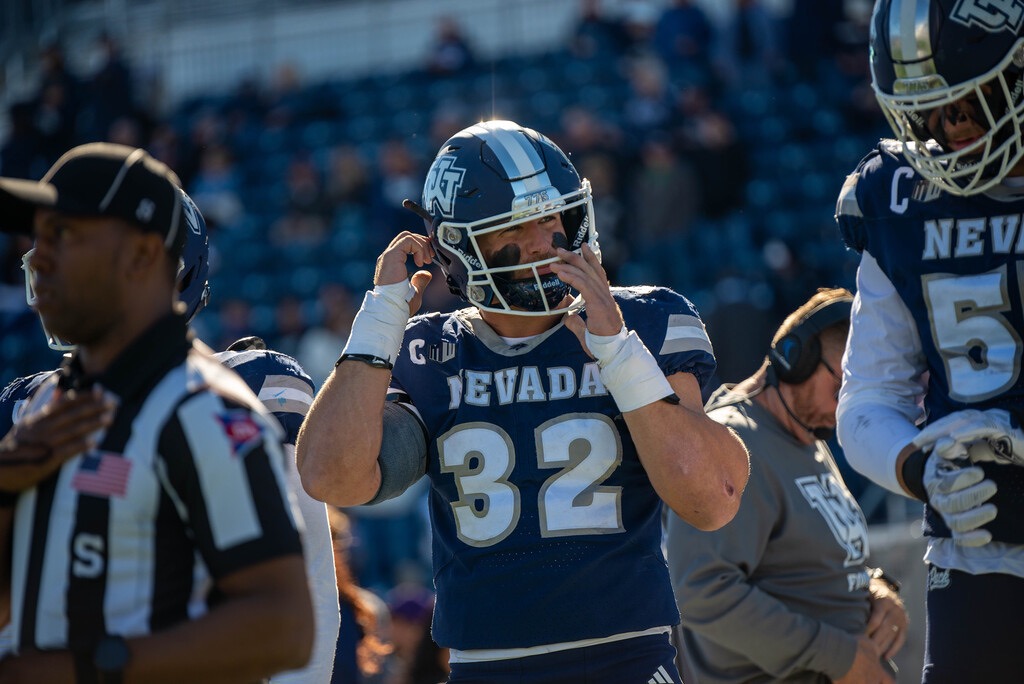 Nevada captain and senior EDGE Dylan LaBarbera leads the Wolf Pack captains out to the coin toss prior to their matchup against the San Jose State Spartans on Saturday, Oct. 24 at Mackay Stadium.