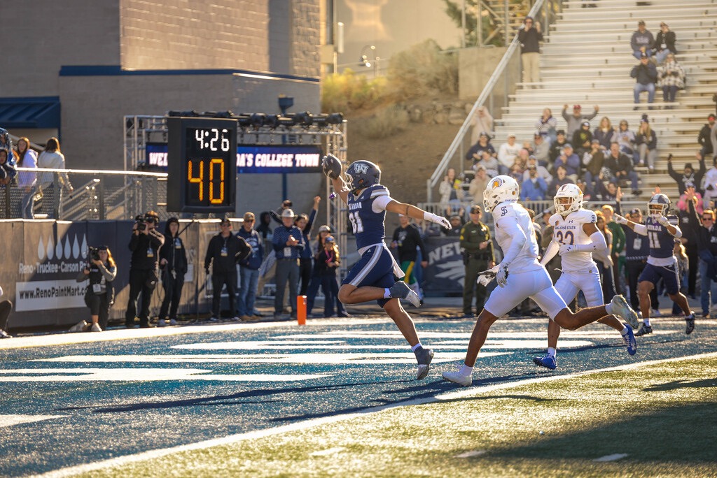 Nevada junior tight end Trace Estes scores Nevada's second touchdown of the game on Saturday, Oct. 24 at Mackay Stadium.