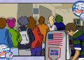 Artistic depiction of students voting in a polling site.