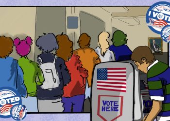 Artistic depiction of students voting in a polling site.