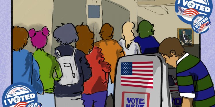 Artistic depiction of students voting in a polling site.