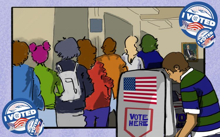 Artistic depiction of students voting in a polling site.