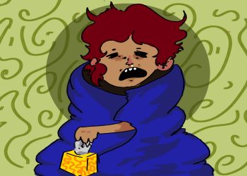 Freshman wrapped up in a blanket sick with a box of tissues.