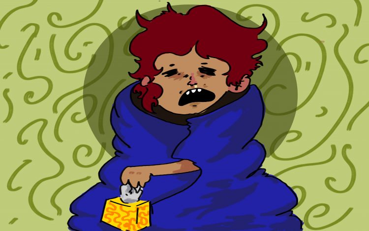 Freshman wrapped up in a blanket sick with a box of tissues.