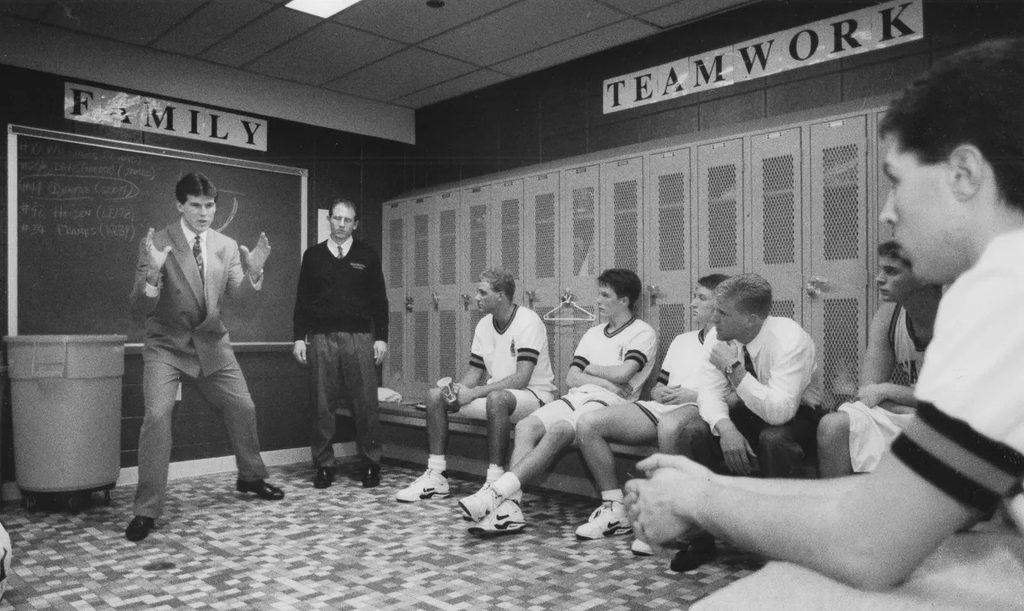 Alford giving a speech to his players while coaching at Manchester College.
