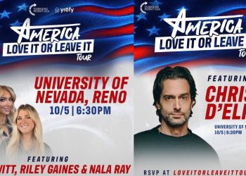 Side by side TPUSA promotional material. One depicts Chris D'Elia while the other depicts the current speakers.
