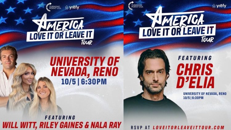 Side by side TPUSA promotional material. One depicts Chris D'Elia while the other depicts the current speakers.